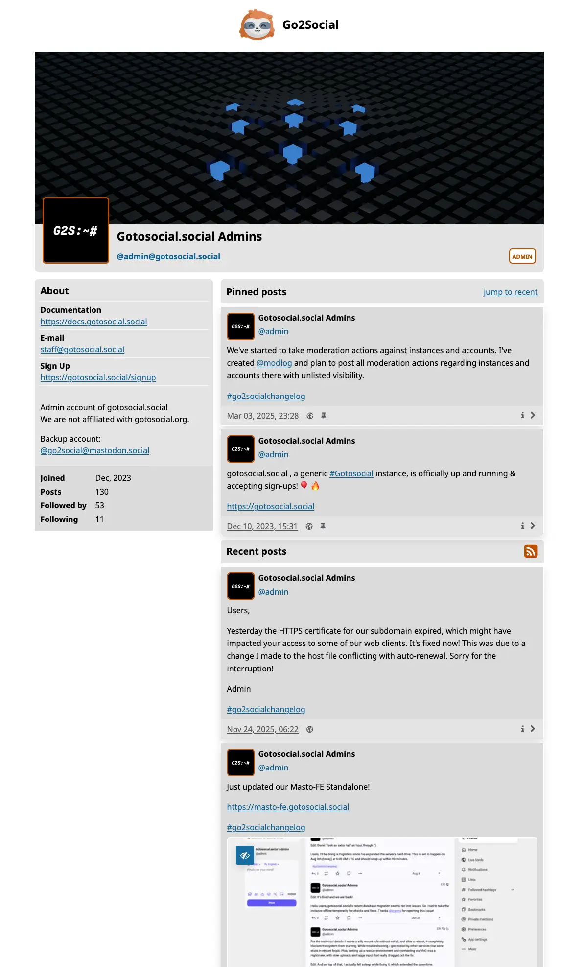 A GoToSocial profile page. The standard color scheme of white, blue, and orange.