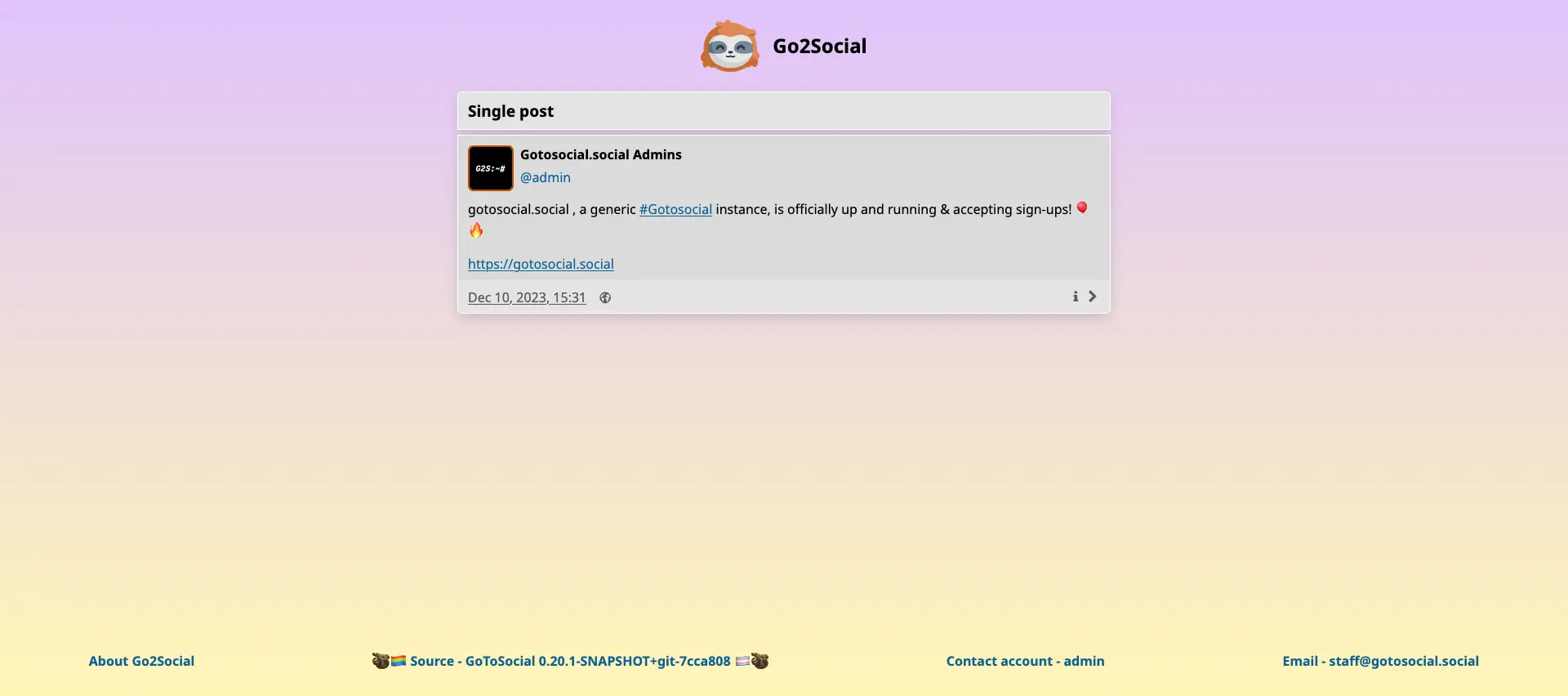 The same GoToSocial test profile page. The background fades from purple at the top to a soft yellow at the bottom, making the footer text pop.