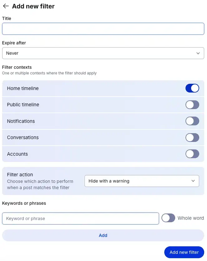 Filter configuration interface