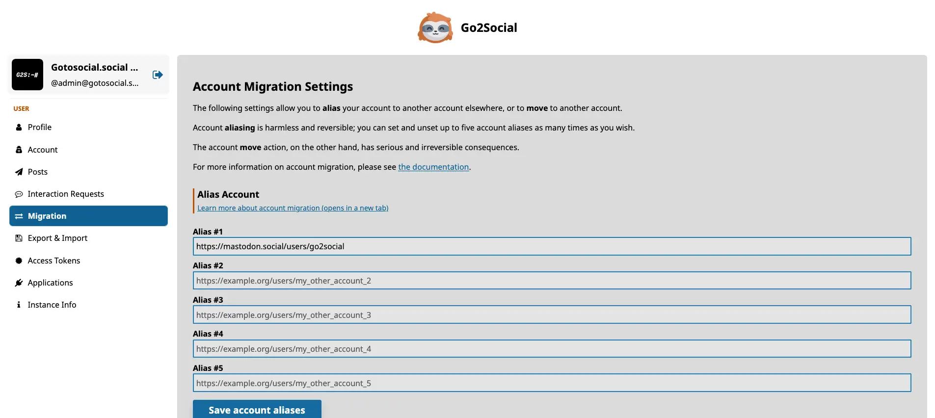 The Alias Account subsection, showing a filled-in account alias.