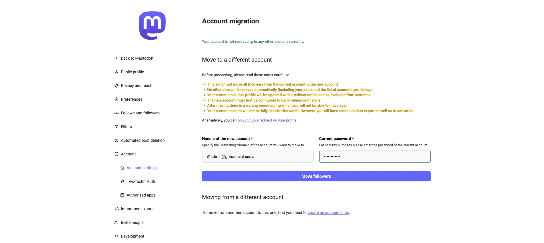 The Mastodon "Account migration" settings page.