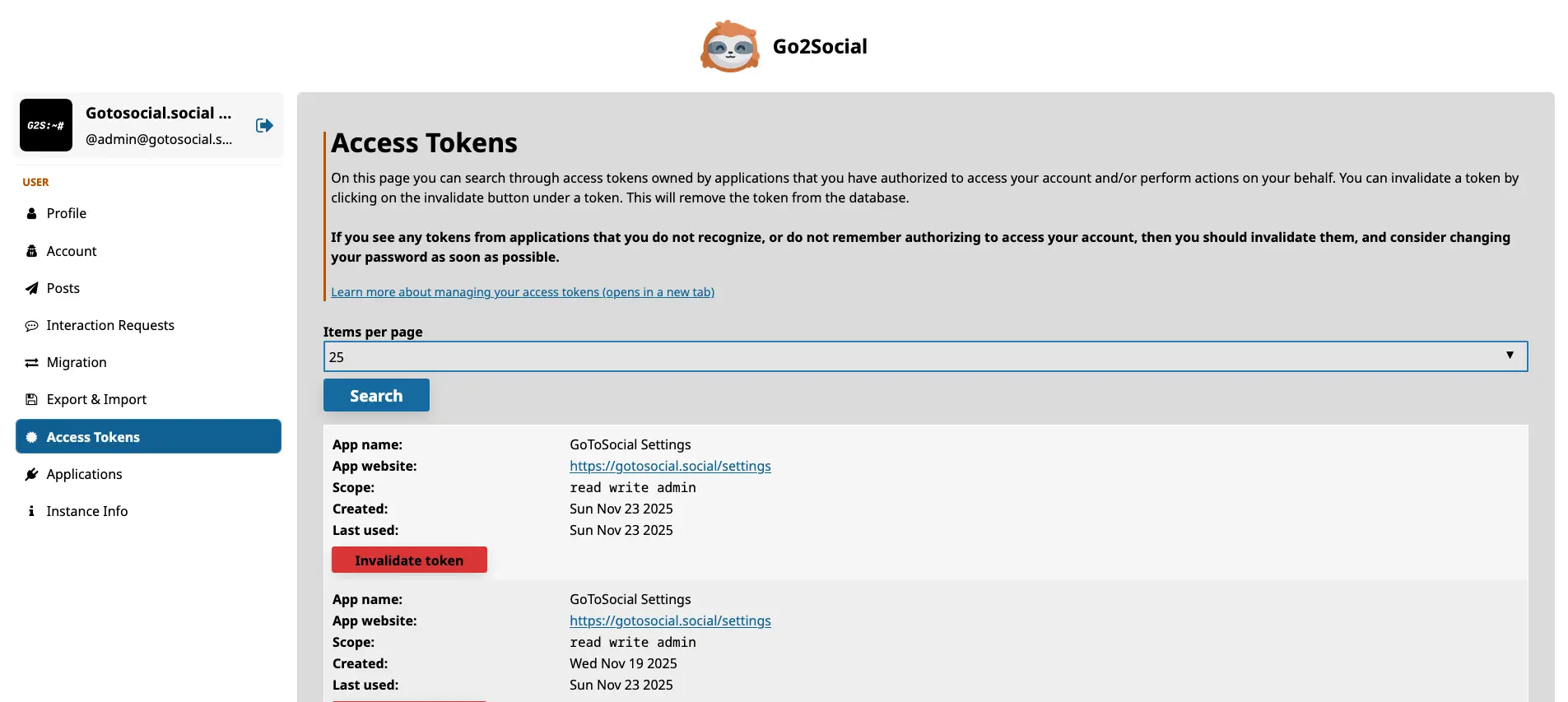 The access tokens page.