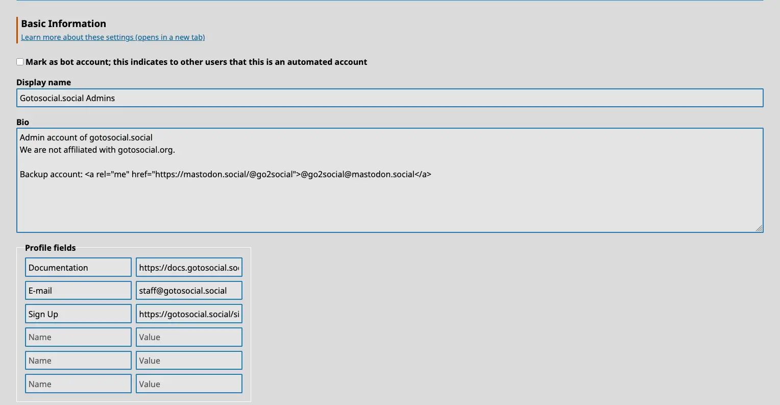 Basic Information, containing bot flag checkbox, display name, bio, and profile fields