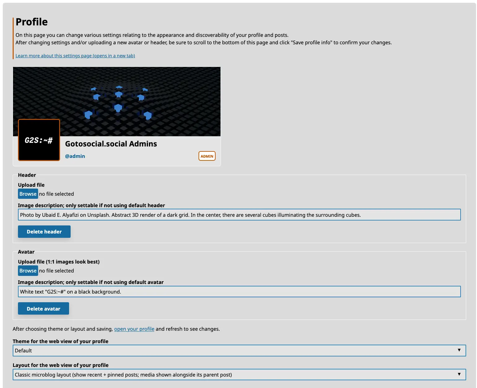 Screenshot of the profile section of the user settings interface, showing a preview of the avatar, header and display name, and providing form fields to change them