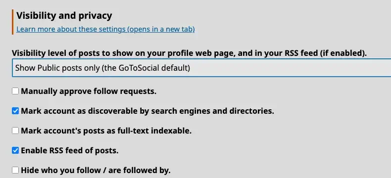Screenshot of the visibility and privacy settings, showing default visibility level dropdown menu and several related checkboxes.